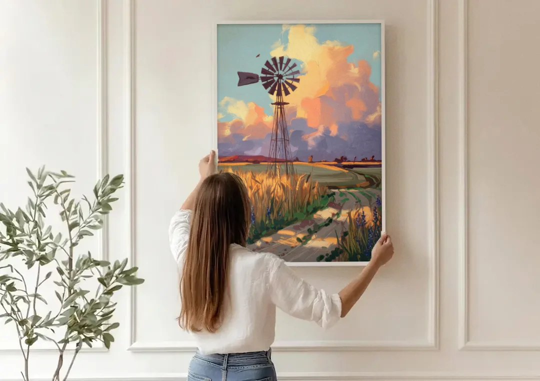 Lubbock Windmill Scene canvas wall art being hung on a paneled wall