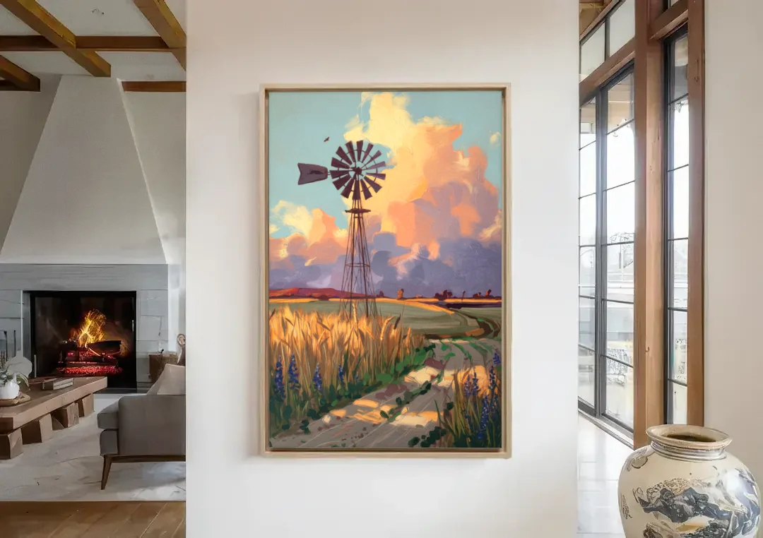 Lubbock Windmill Scene canvas wall art in a living room with a fireplace