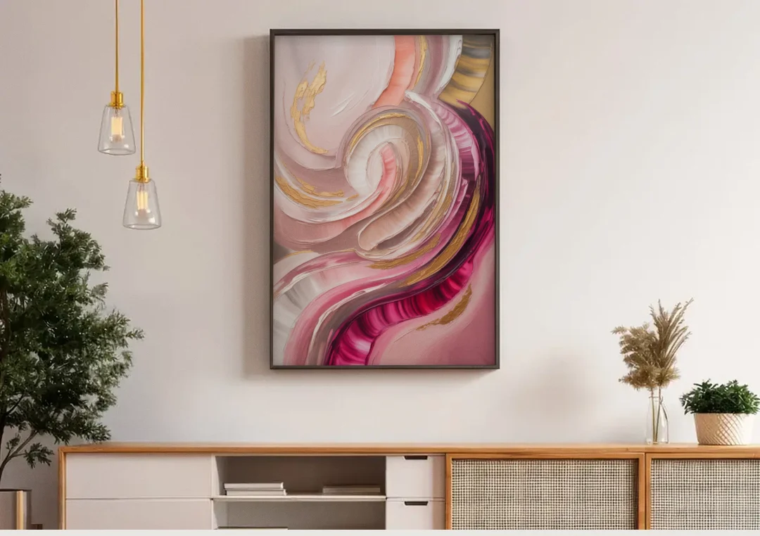 Luminous Swirl Pink Abstract canvas wall art above a wooden sideboard under pendant lights