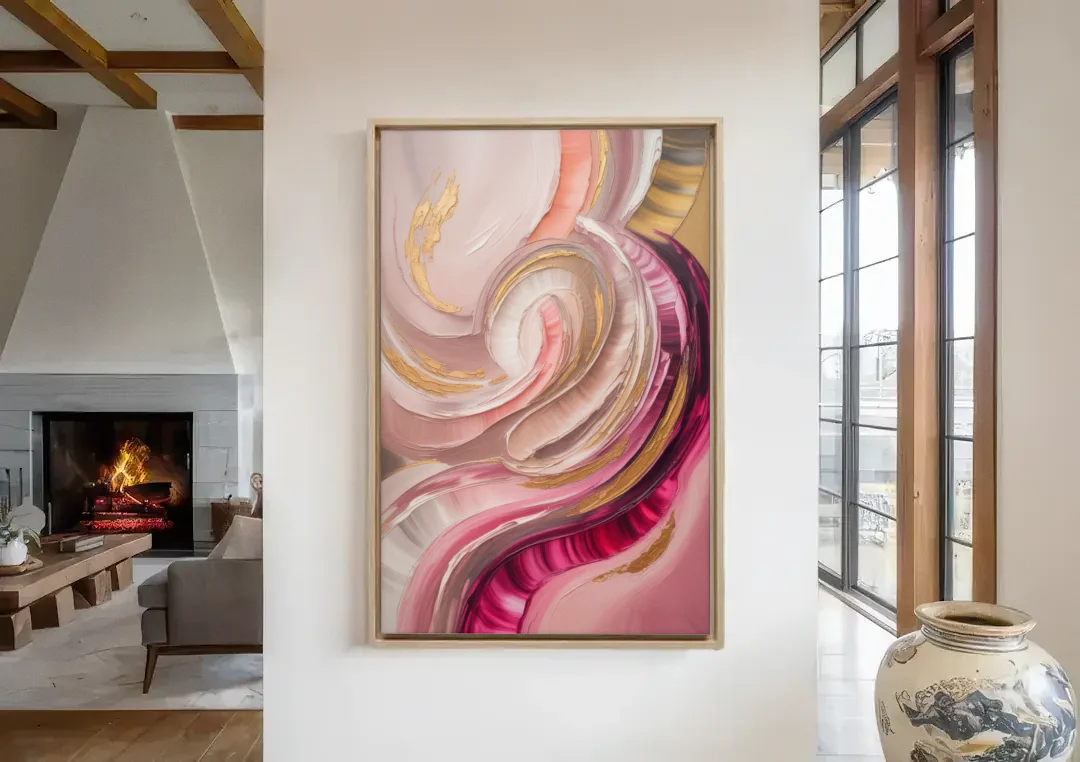 Luminous Swirl Pink Abstract canvas wall art in a living room with a fireplace