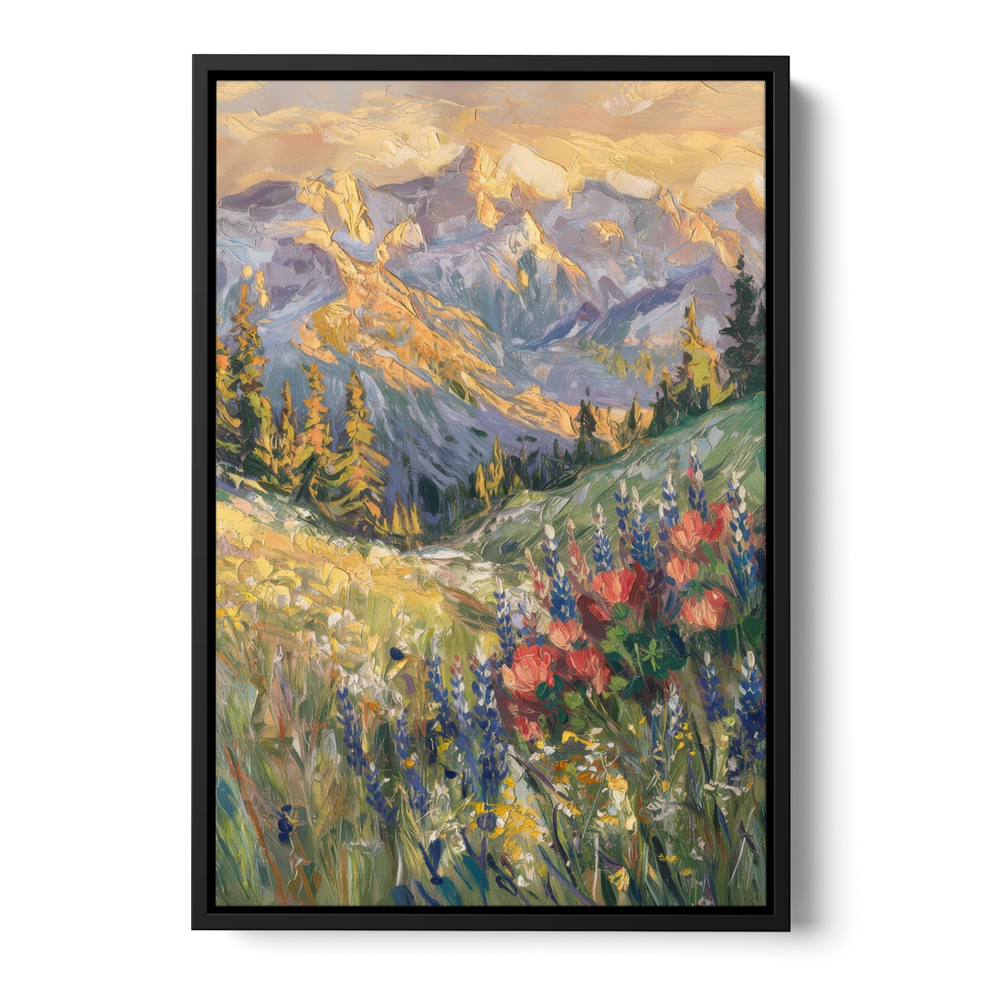 Lupine Meadow Mountain Landscape for the Living Room - Black Framed Canvas Wall Art - Front