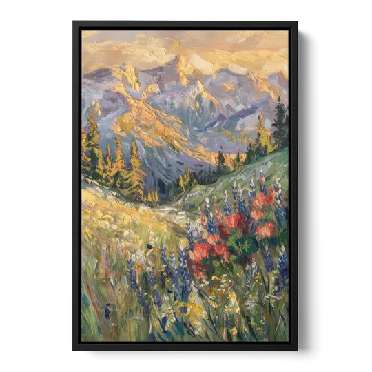 Lupine Meadow Mountain Landscape for the Living Room - Black Framed Canvas Wall Art - Front