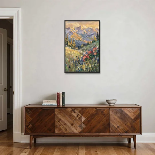 Lupine Meadow Mountain Landscape for the Living Room - Black Framed Canvas Wall Art - Coffee Table - 24x36