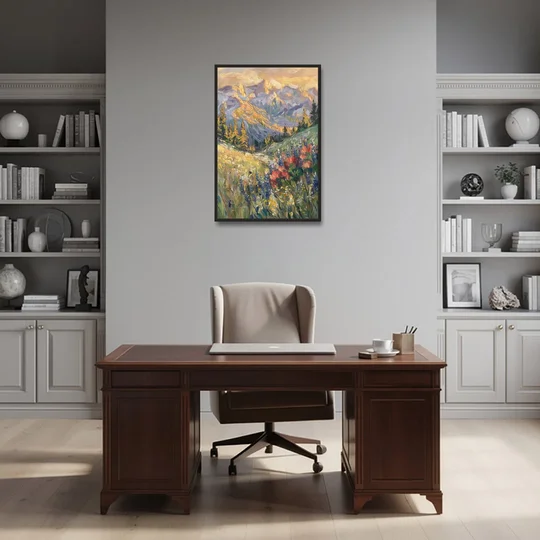 Lupine Meadow Mountain Landscape for the Living Room - Black Framed Canvas Wall Art - Office - 24x36