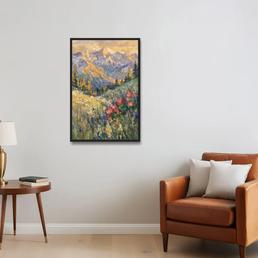 Lupine Meadow Mountain Landscape for the Living Room - Black Framed Canvas Wall Art - Sofa - 24x36
