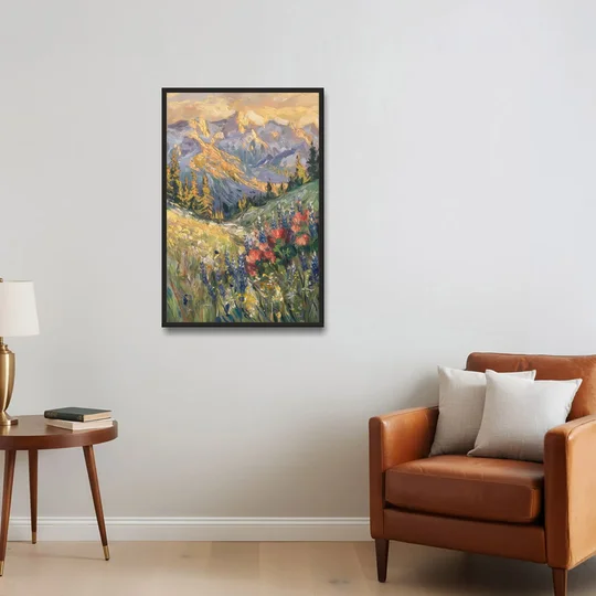 Lupine Meadow Mountain Landscape for the Living Room - Black Framed Canvas Wall Art - Sofa - 24x36