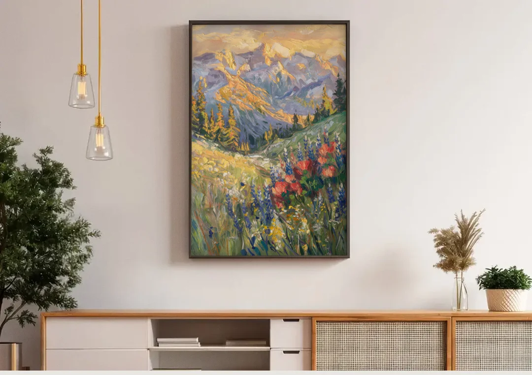 Lupine Meadow Mountain Landscape for the Living Room canvas wall art above a wooden sideboard under pendant lights