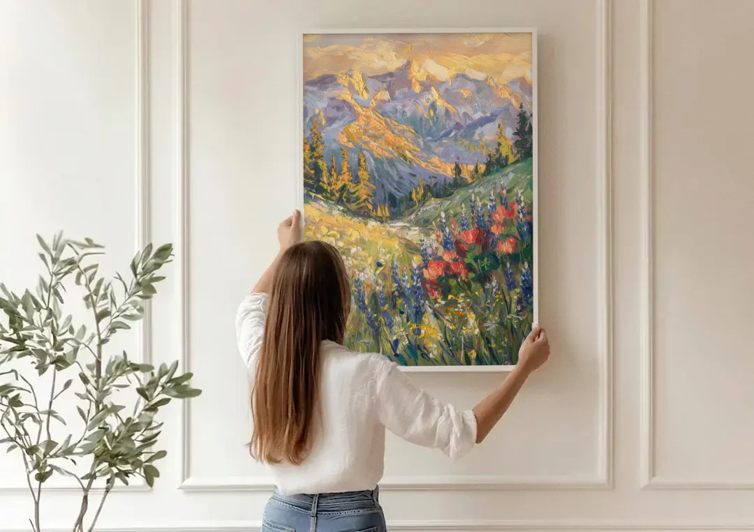 Lupine Meadow Mountain Landscape for the Living Room canvas wall art being hung on a paneled wall