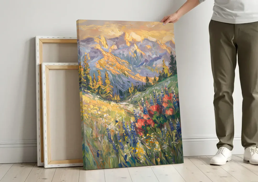 Lupine Meadow Mountain Landscape for the Living Room canvas wall art leaning against a wall next to blank canvases
