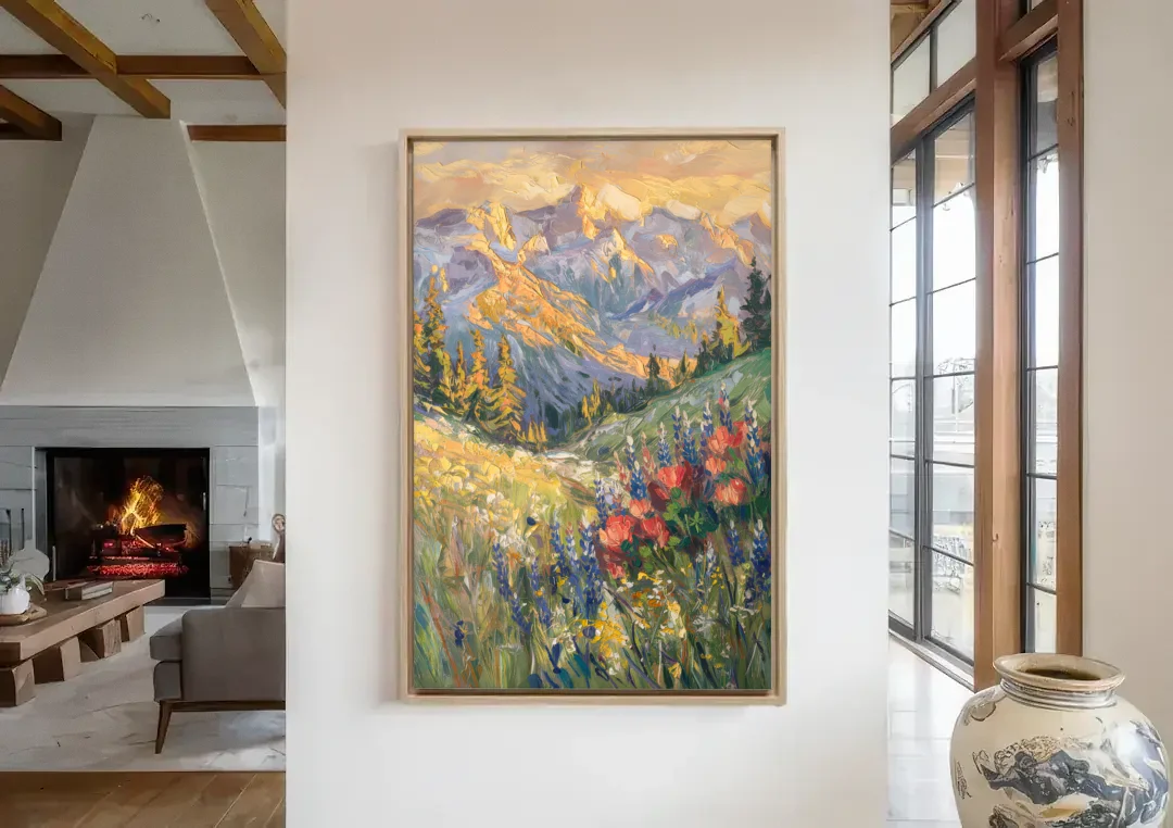 Lupine Meadow Mountain Landscape for the Living Room canvas wall art in a living room with a fireplace