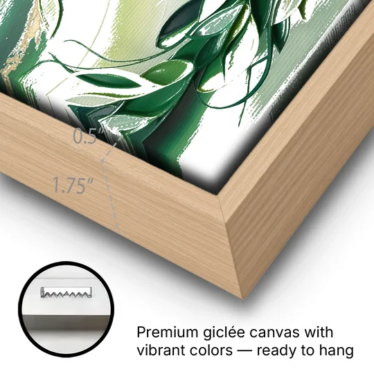 Lush Verdant Essence Green Abstract - Oak Framed Canvas Wall Art - Gallery Wrap Corner