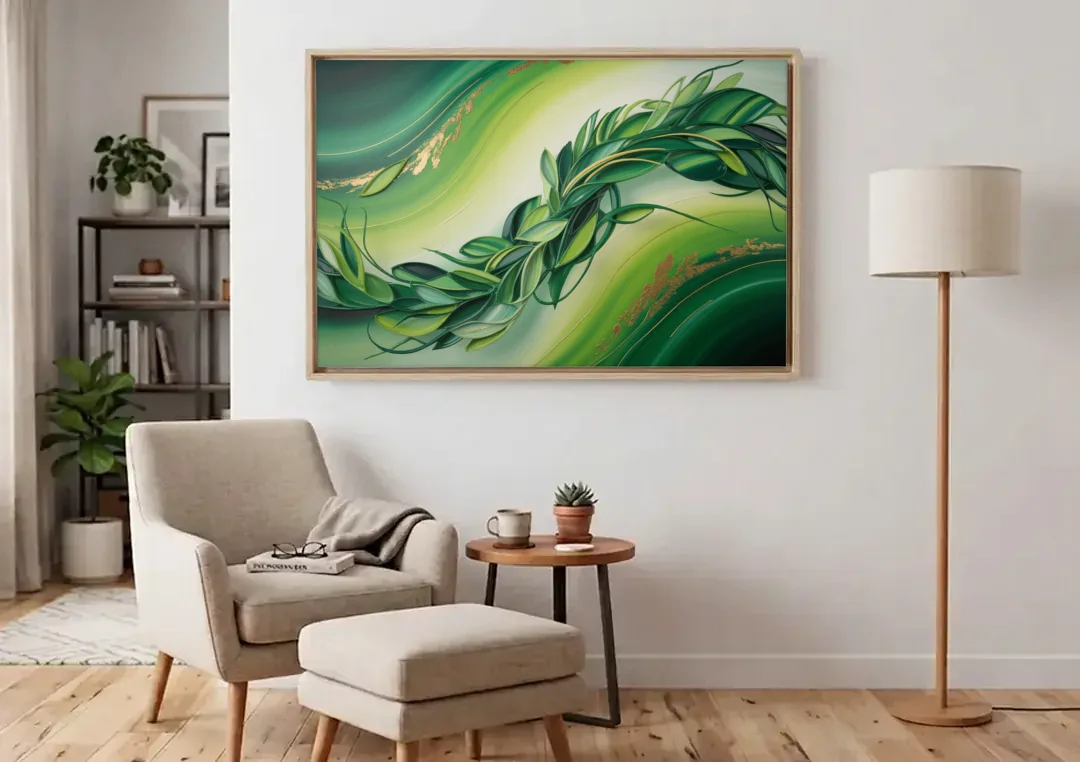 Lush Verdant Essence Green Abstract canvas wall art above an armchair in a bright living room