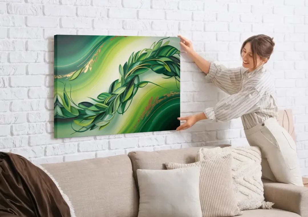 Lush Verdant Essence Green Abstract canvas wall art being hung on a white brick wall above a sofa