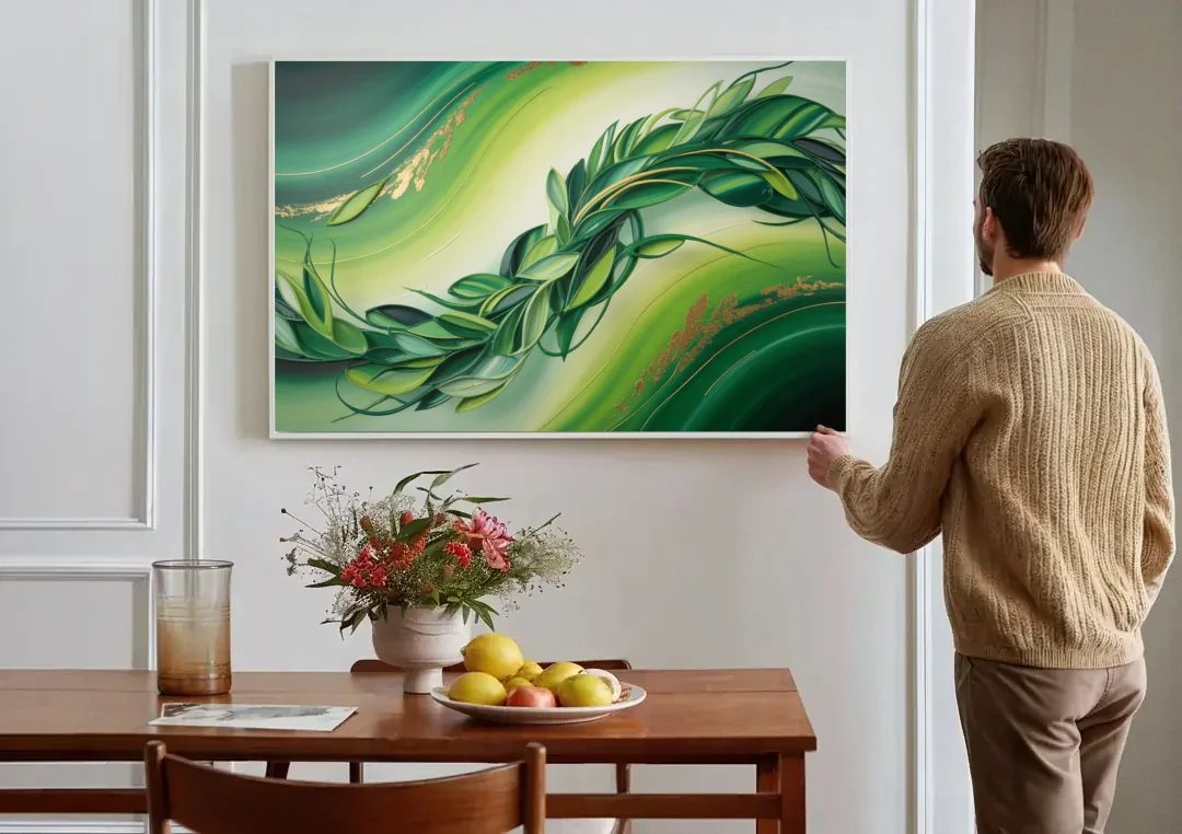 Lush Verdant Essence Green Abstract canvas wall art above a dining table