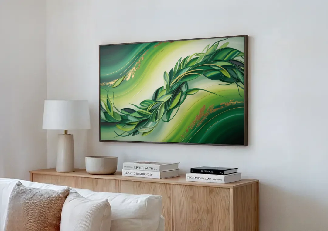 Lush Verdant Essence Green Abstract canvas wall art above a wooden sideboard next to a sofa