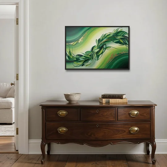 Lush Verdant Essence Green Abstract - Black Framed Canvas Wall Art - Coffee Table - 36x24