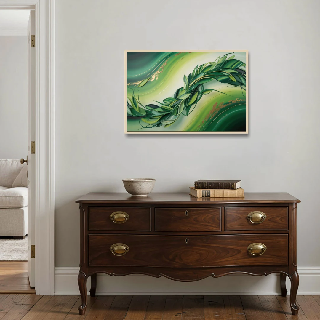 Lush Verdant Essence Green Abstract - Oak Framed Canvas Wall Art - Coffee Table - 36x24