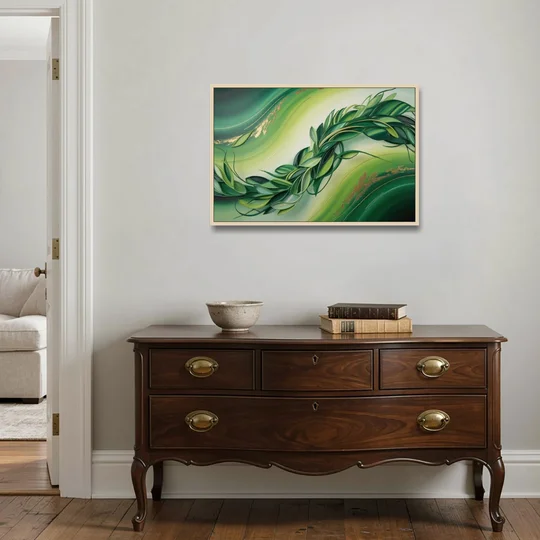 Lush Verdant Essence Green Abstract - Oak Framed Canvas Wall Art - Coffee Table - 36x24