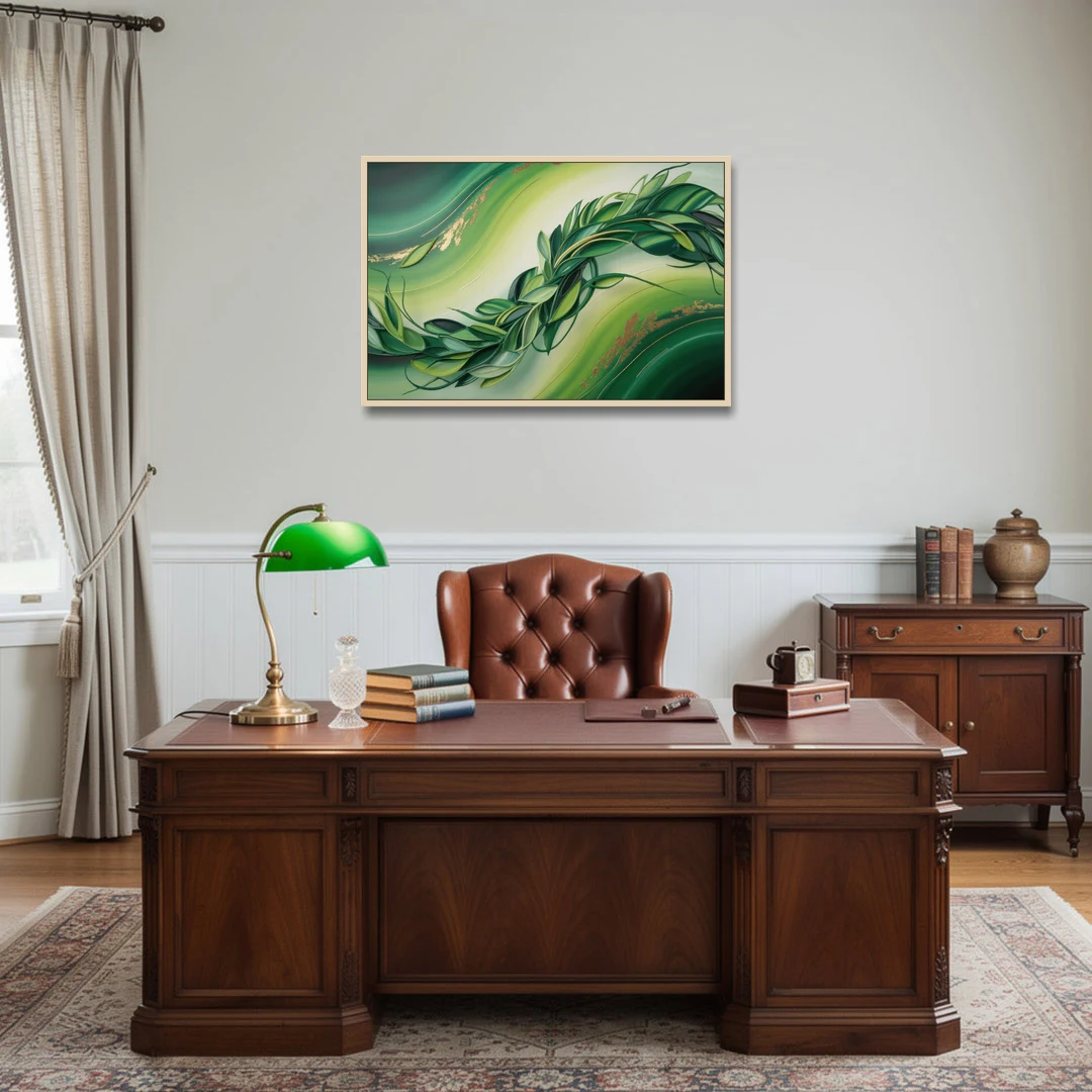Lush Verdant Essence Green Abstract - Oak Framed Canvas Wall Art - Office - 36x24
