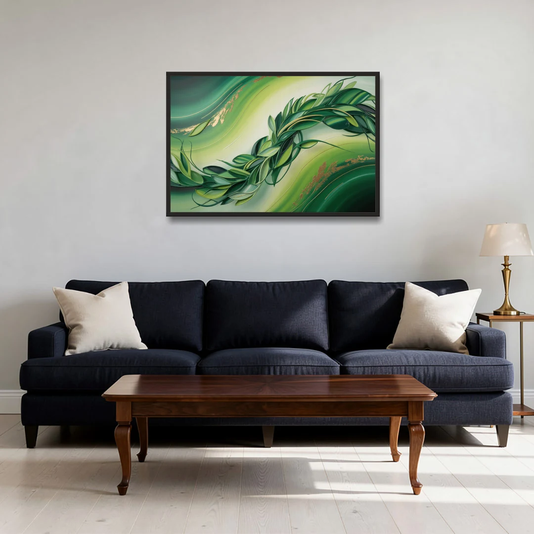 Lush Verdant Essence Green Abstract - Black Framed Canvas Wall Art - Sofa - 36x24