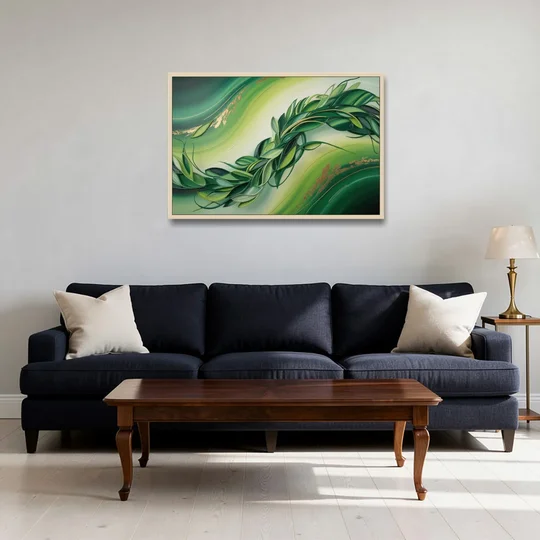 Lush Verdant Essence Green Abstract - Oak Framed Canvas Wall Art - Sofa - 36x24