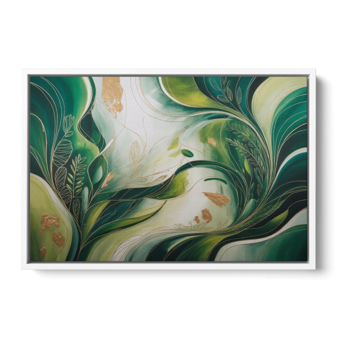 Lush Verdant Harmony Green Abstract - White Framed Canvas Wall Art - Front