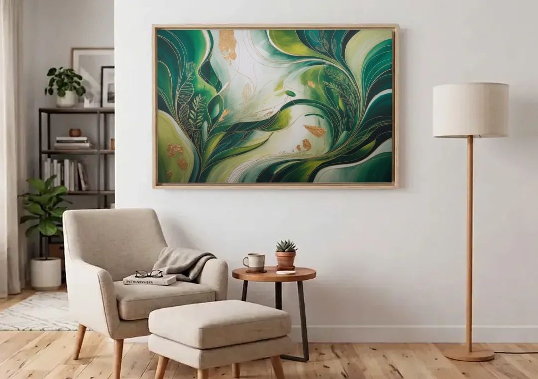 Lush Verdant Harmony Green Abstract canvas wall art above an armchair in a bright living room