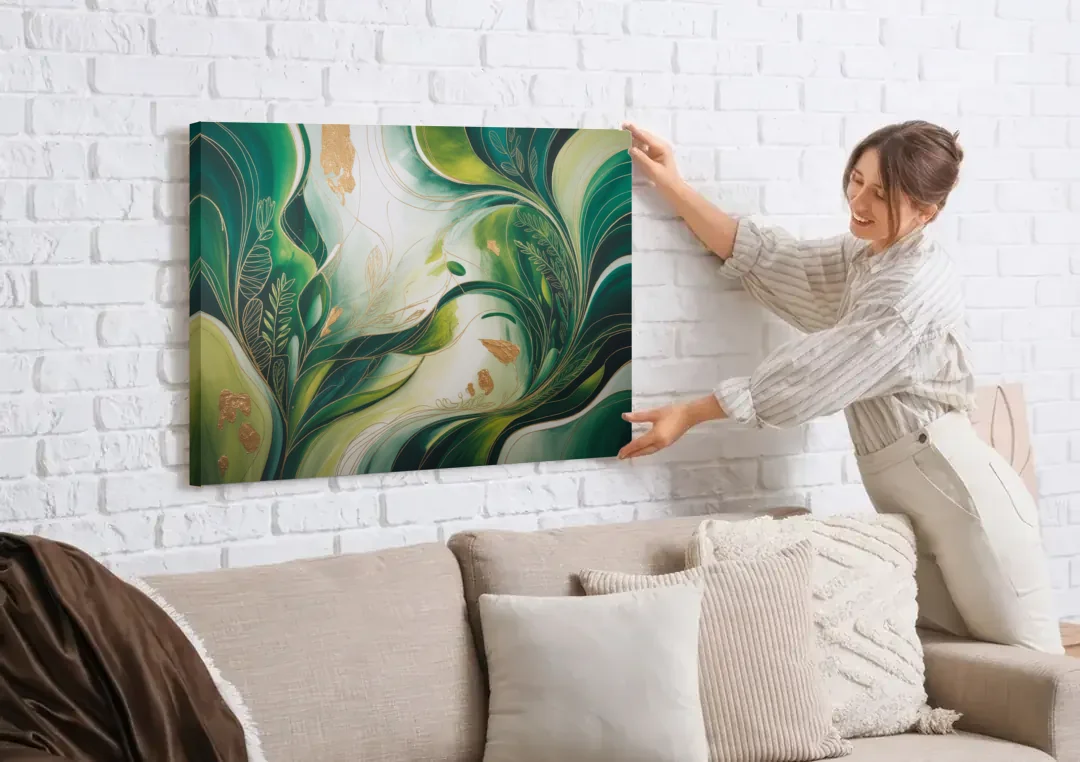 Lush Verdant Harmony Green Abstract canvas wall art being hung on a white brick wall above a sofa