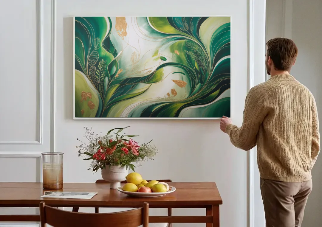 Lush Verdant Harmony Green Abstract canvas wall art above a dining table