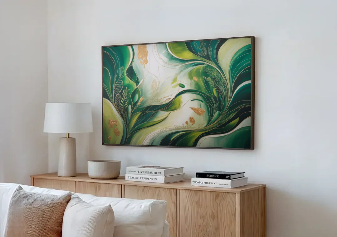 Lush Verdant Harmony Green Abstract canvas wall art above a wooden sideboard next to a sofa