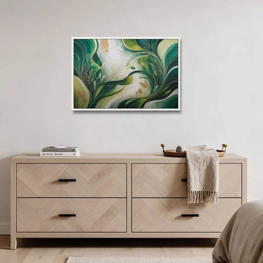 Lush Verdant Harmony Green Abstract - White Framed Canvas Wall Art - Coffee Table - 36x24