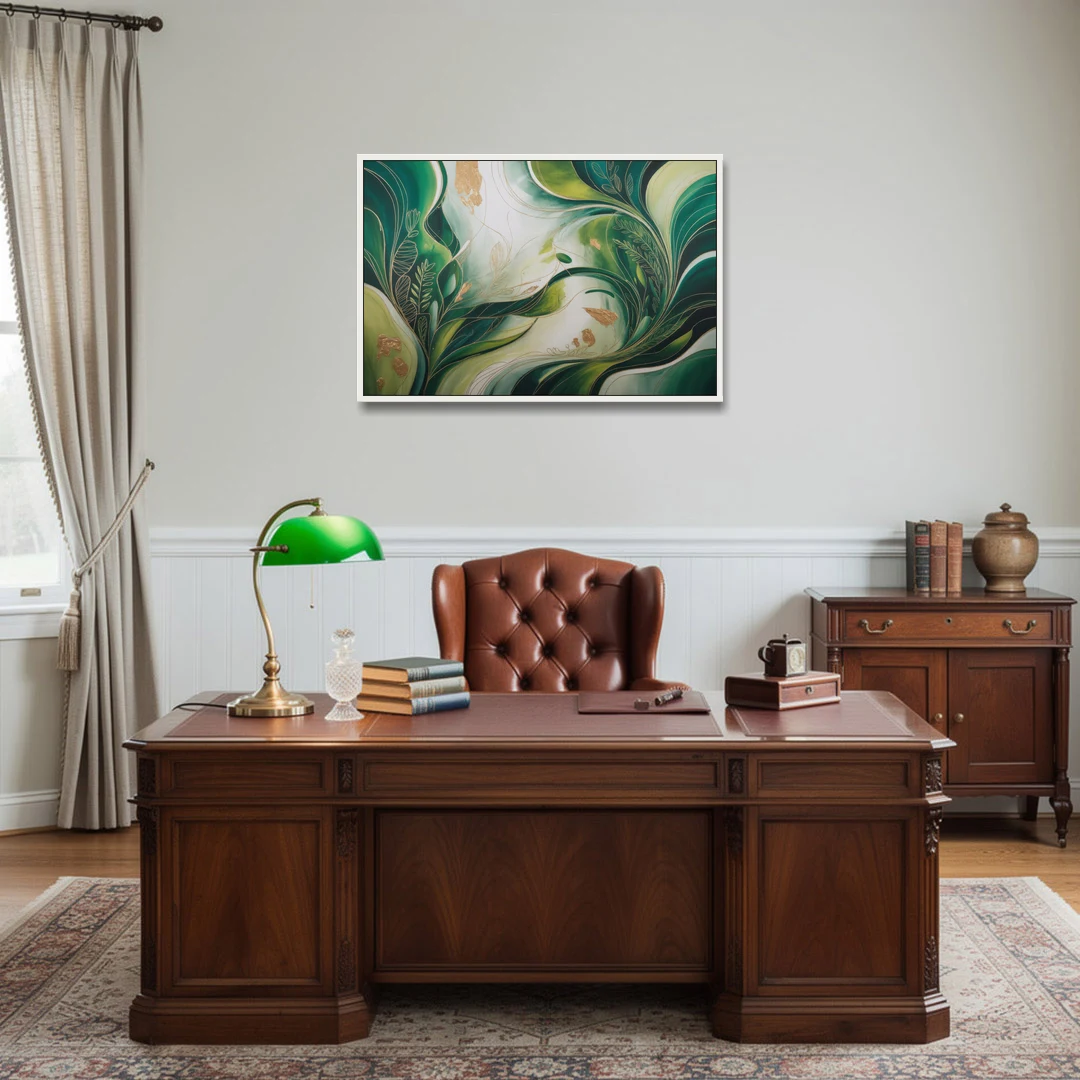 Lush Verdant Harmony Green Abstract - White Framed Canvas Wall Art - Office - 36x24