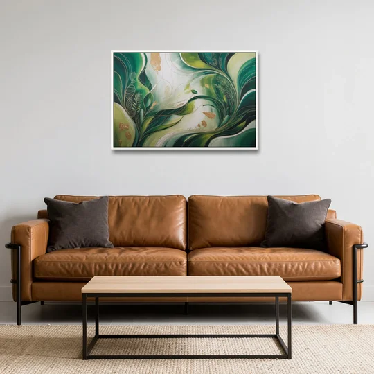 Lush Verdant Harmony Green Abstract - White Framed Canvas Wall Art - Sofa - 36x24