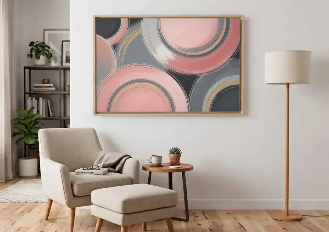 Luxurious Elegance Pink and Grey Abstract canvas wall art above an armchair in a bright living room