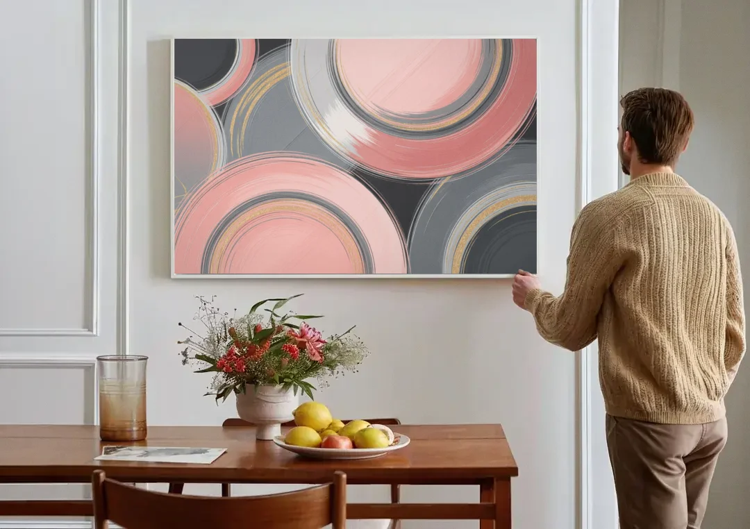 Luxurious Elegance Pink and Grey Abstract canvas wall art above a dining table