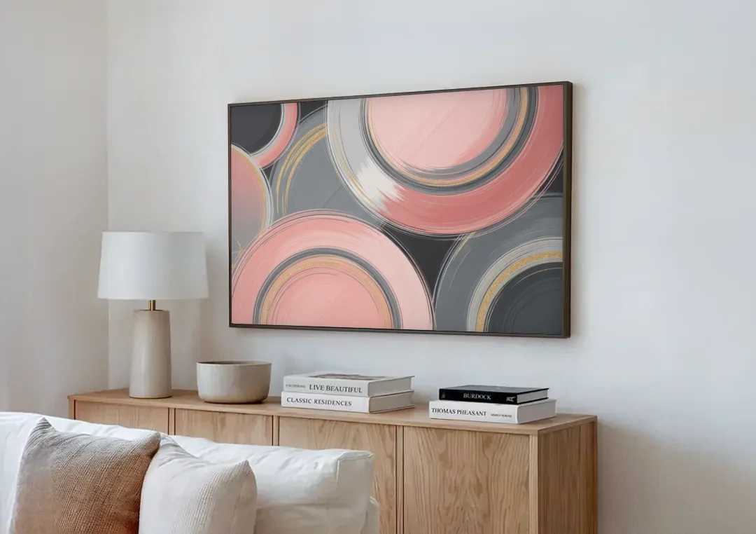 Luxurious Elegance Pink and Grey Abstract canvas wall art above a wooden sideboard next to a sofa