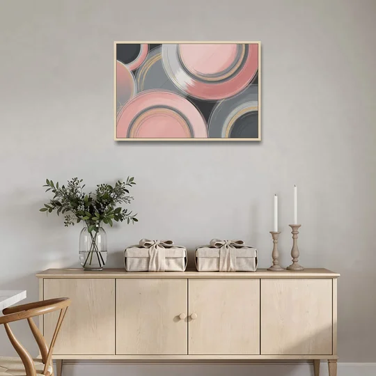 Luxurious Elegance Pink and Grey Abstract - Oak Framed Canvas Wall Art - Coffee Table - 36x24