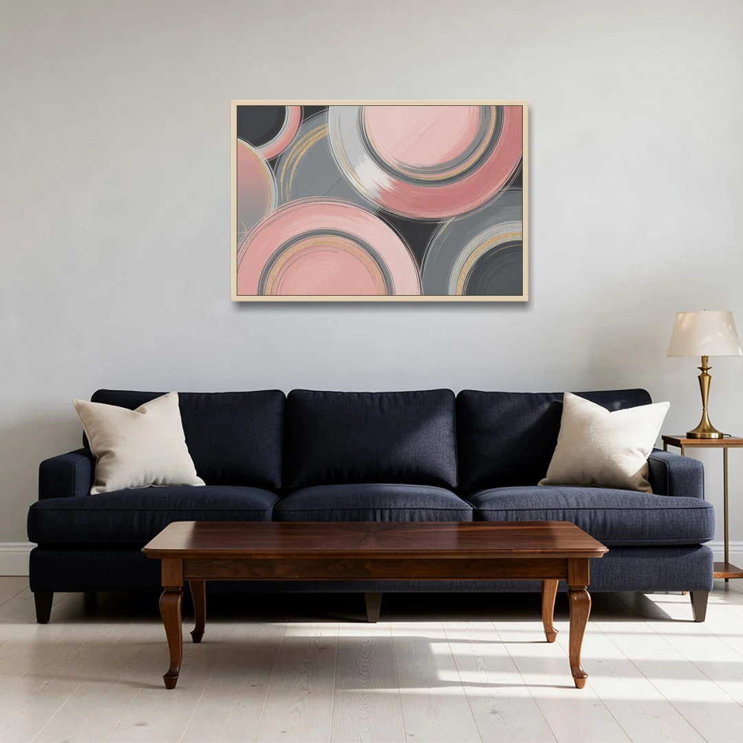 Luxurious Elegance Pink and Grey Abstract - Oak Framed Canvas Wall Art - Sofa - 36x24