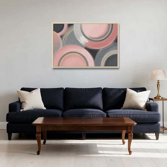 Luxurious Elegance Pink and Grey Abstract - Oak Framed Canvas Wall Art - Sofa - 36x24