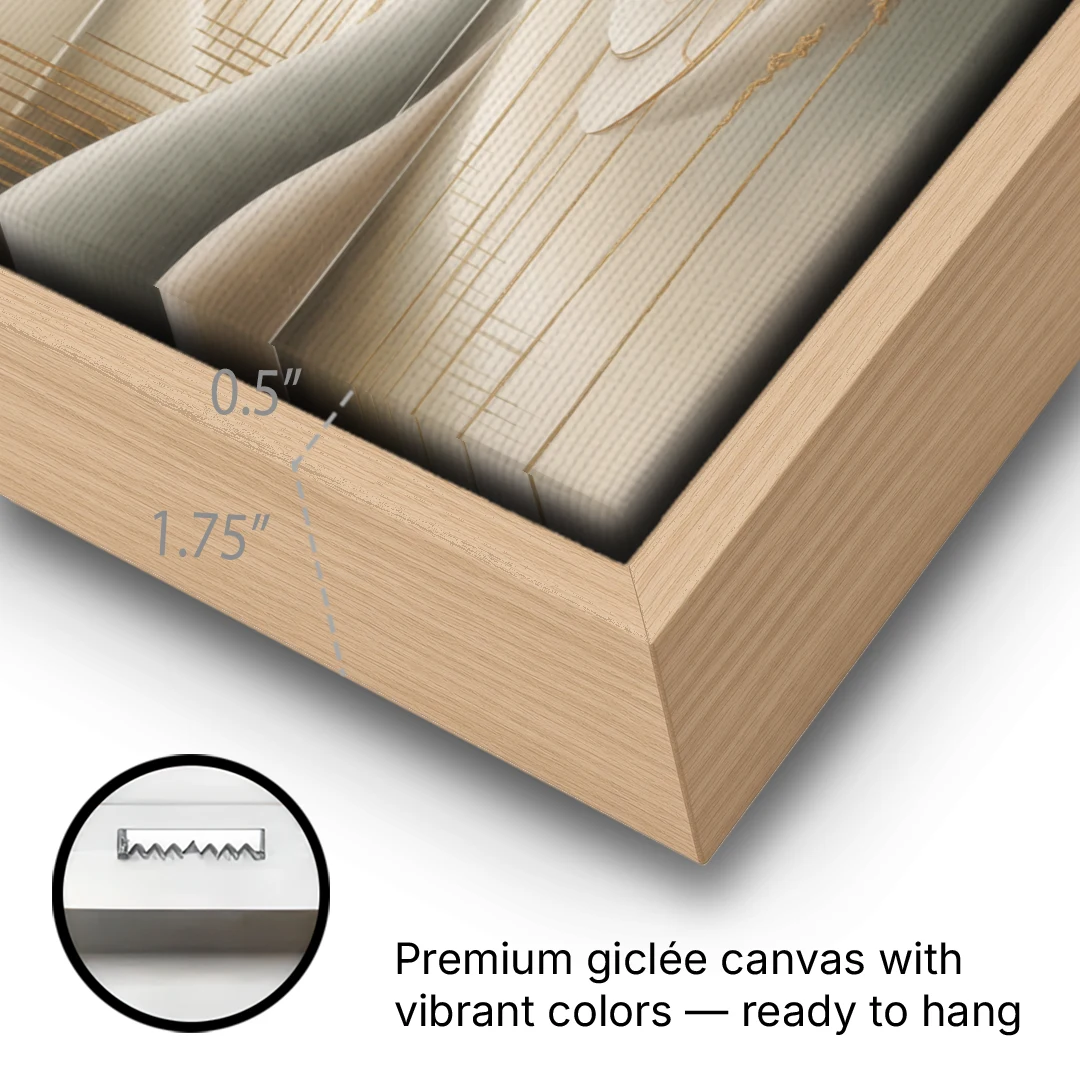 Luxurious Flowing Forms Beige Abstract - Oak Framed Canvas Wall Art - Gallery Wrap Corner