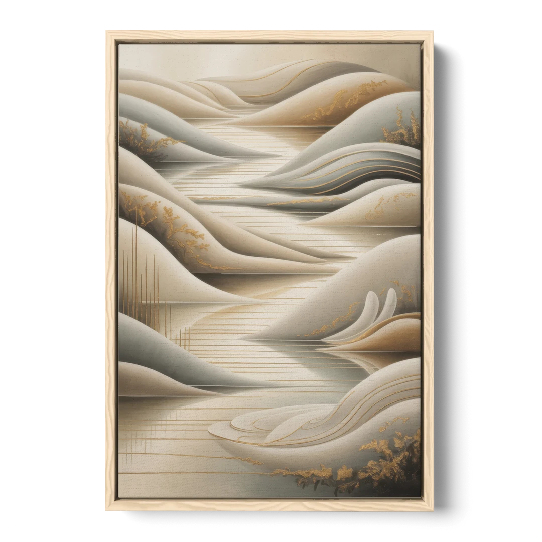 Luxurious Flowing Forms Beige Abstract - Oak Framed Canvas Wall Art - Front