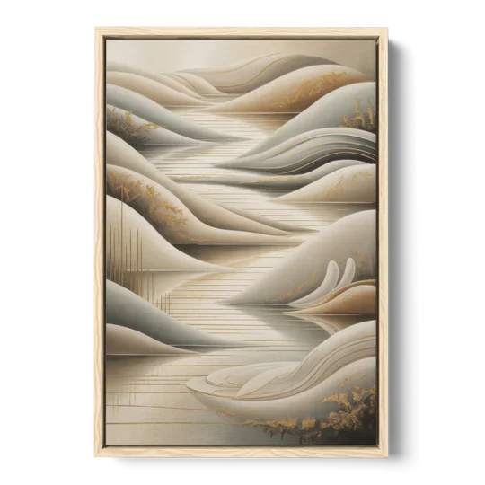 Luxurious Flowing Forms Beige Abstract - Oak Framed Canvas Wall Art - Front