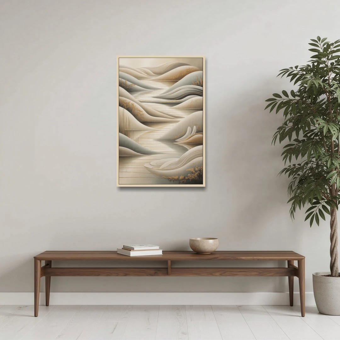 Luxurious Flowing Forms Beige Abstract - Oak Framed Canvas Wall Art - Coffee Table - 24x36