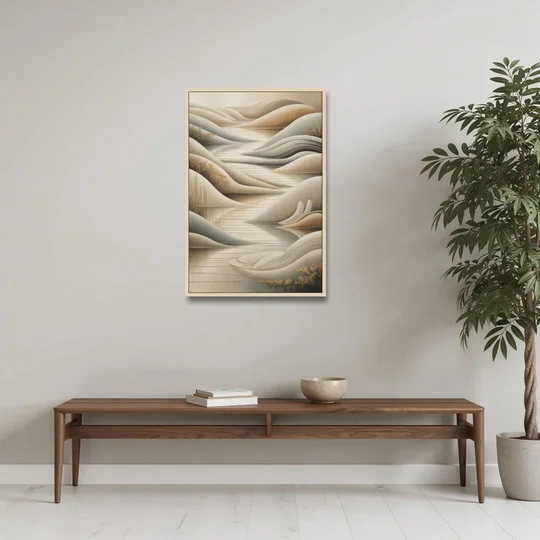 Luxurious Flowing Forms Beige Abstract - Oak Framed Canvas Wall Art - Coffee Table - 24x36