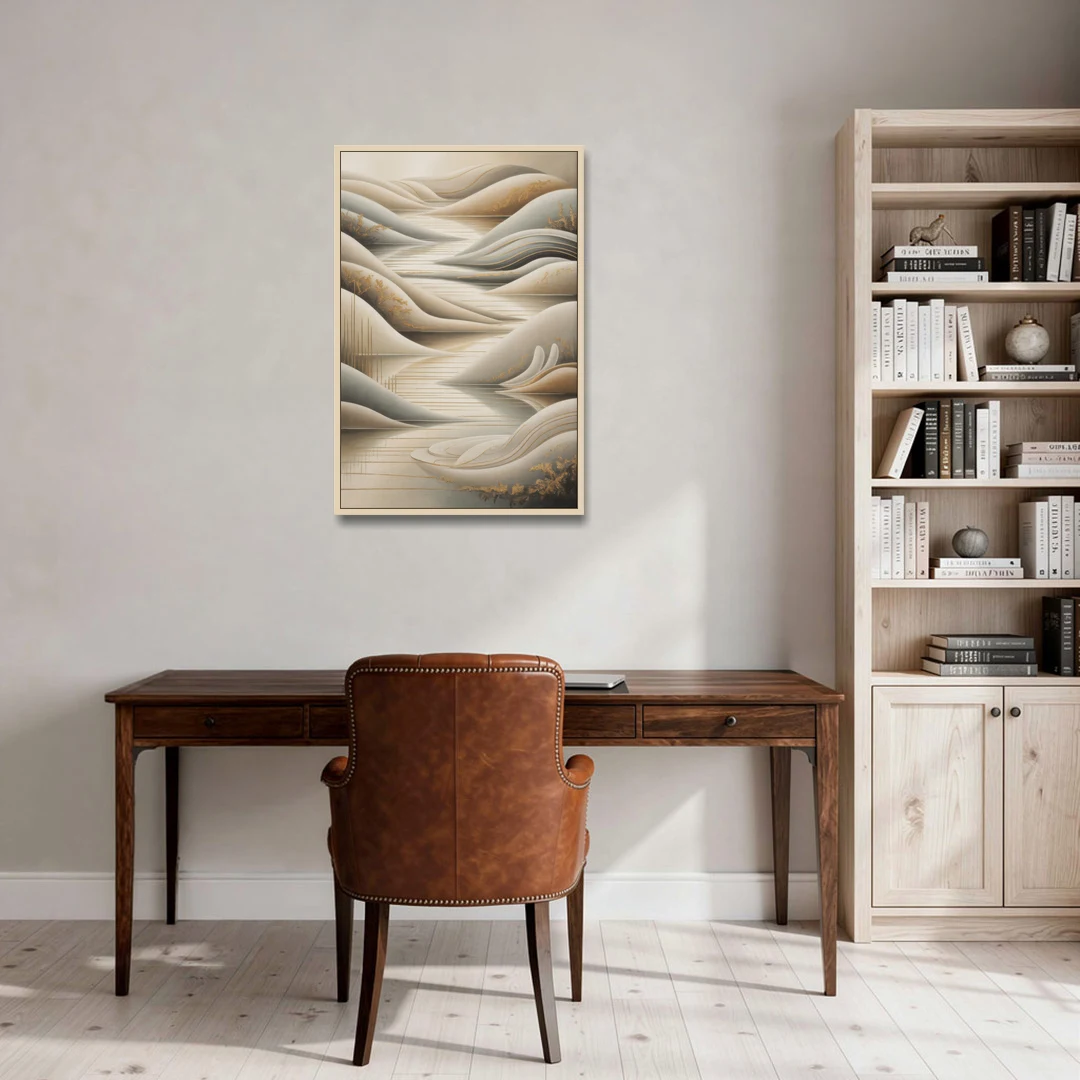 Luxurious Flowing Forms Beige Abstract - Oak Framed Canvas Wall Art - Office - 24x36