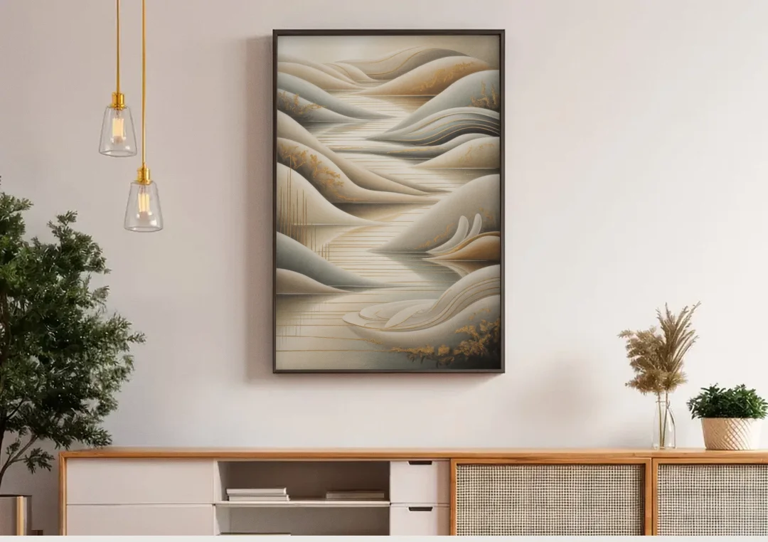 Luxurious Flowing Forms Beige Abstract canvas wall art above a wooden sideboard under pendant lights