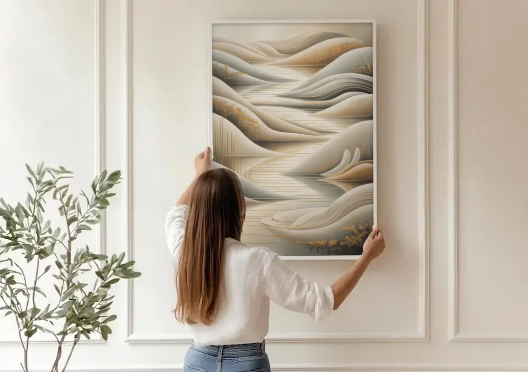 Luxurious Flowing Forms Beige Abstract canvas wall art being hung on a paneled wall