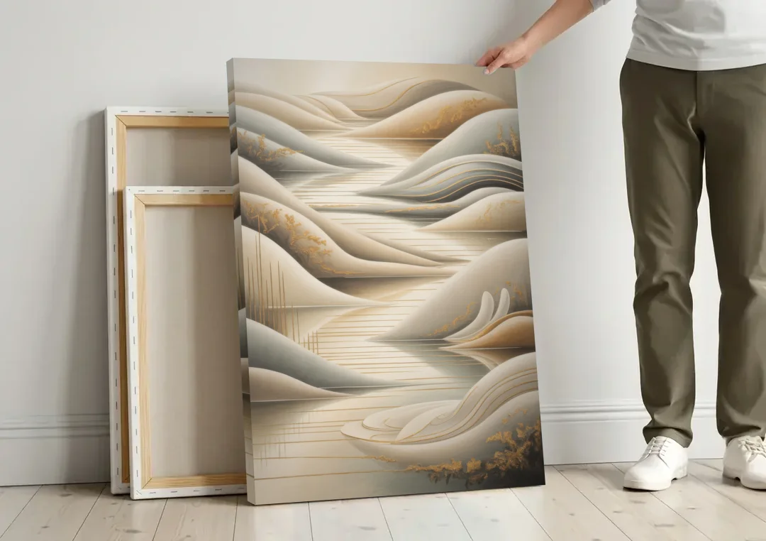 Luxurious Flowing Forms Beige Abstract canvas wall art leaning against a wall next to blank canvases
