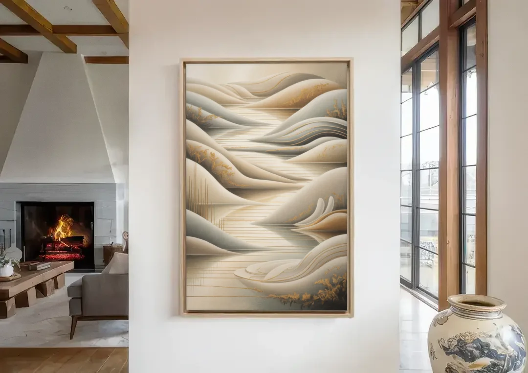Luxurious Flowing Forms Beige Abstract canvas wall art in a living room with a fireplace