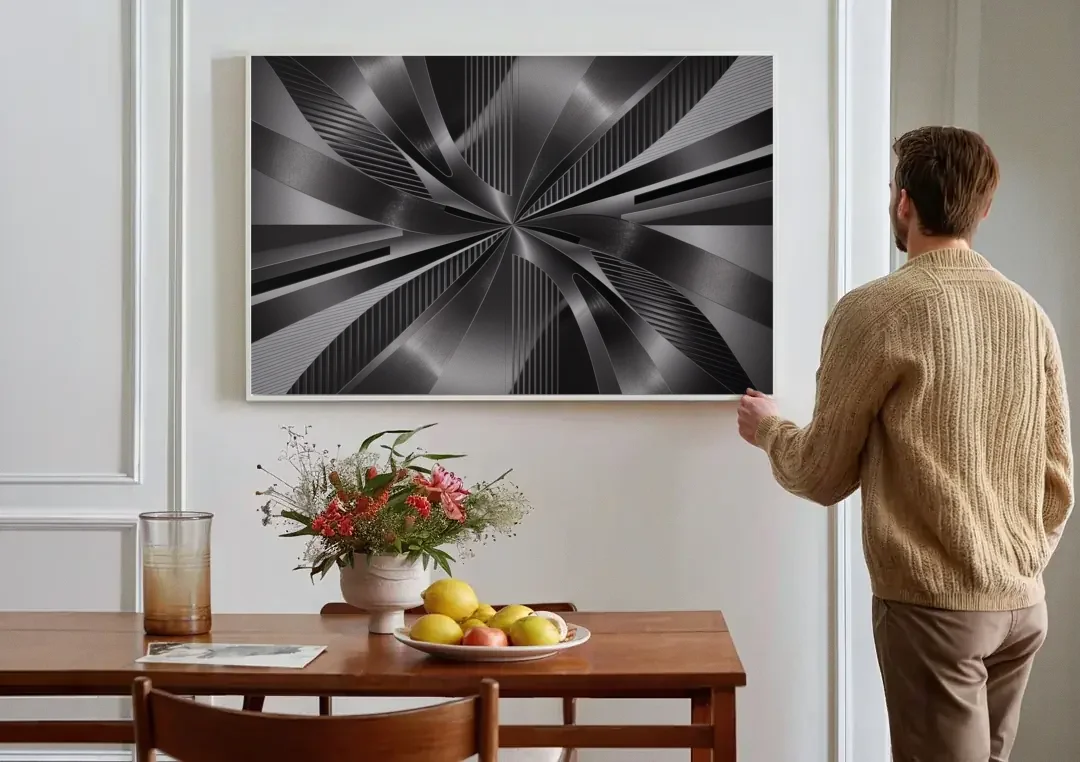 Luxurious Fluidity Black and Grey Abstract canvas wall art above a dining table